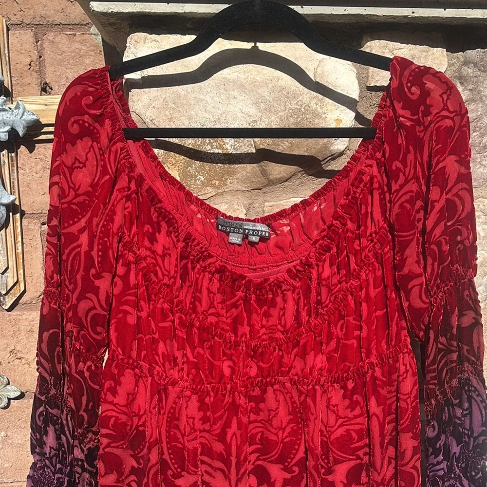 Muse Boston Proper Dress Velvet Silk Peasant Ombré Red Long Sleeve Sz 8 Boho - Picture 2 of 10